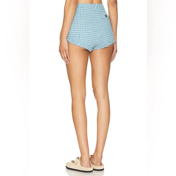 Free People Checked Out Plaid Brief In Blue Combo Plaid Shorts Size 12 Women's‎