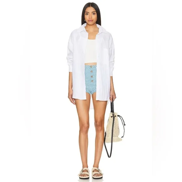 Free People Checked Out Plaid Brief In Blue Combo Plaid Shorts Size 12 Women's‎