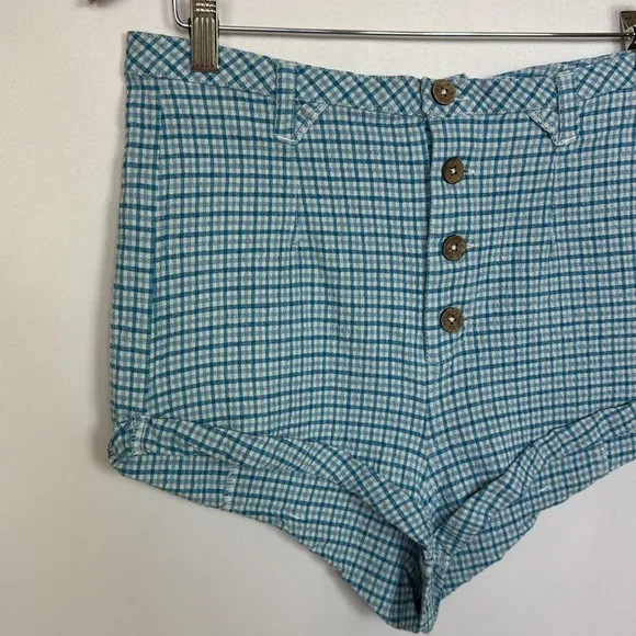 Free People Checked Out Plaid Brief In Blue Combo Plaid Shorts Size 12 Women's‎