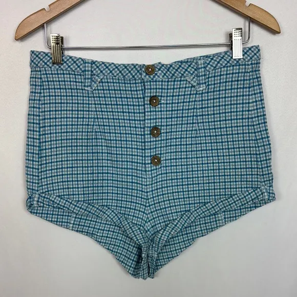 Free People Checked Out Plaid Brief In Blue Combo Plaid Shorts Size 12 Women's‎