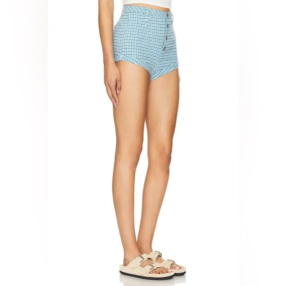 Free People Checked Out Plaid Brief In Blue Combo Plaid Shorts Size 12 Women's‎