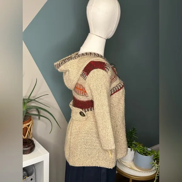 Free People Fitted Boho Hooded Knit Cardigan Sweater Chunky Wool Blend Cozy Sz M