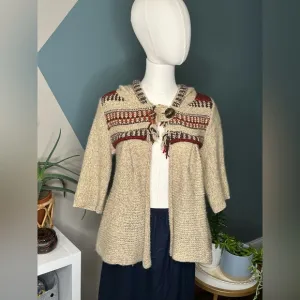 Free People Fitted Boho Hooded Knit Cardigan Sweater Chunky Wool Blend Cozy Sz M