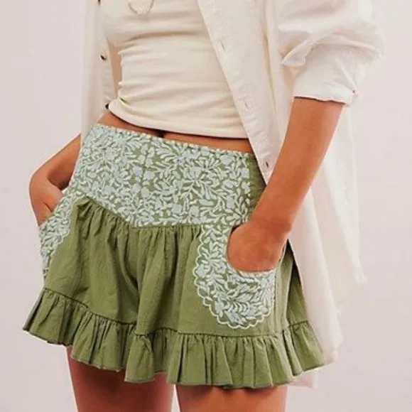 Free People FP One Mexico City Embroidered Ruffles Shorts XS