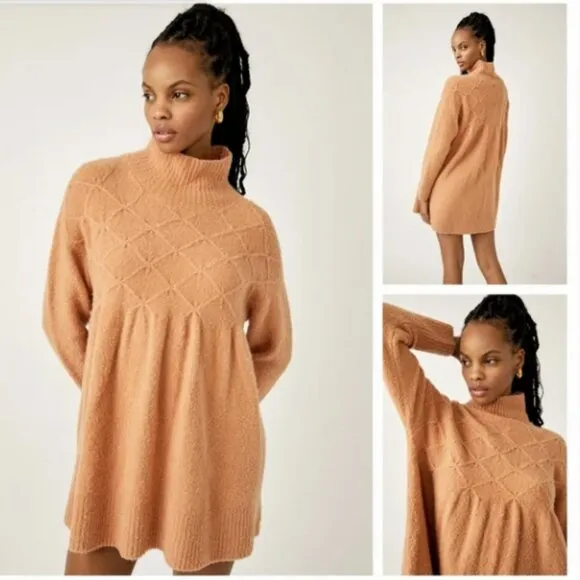 Free People Jaci Turtleneck Beige Babydoll Wool Blend Sweater Dress Medium NWT