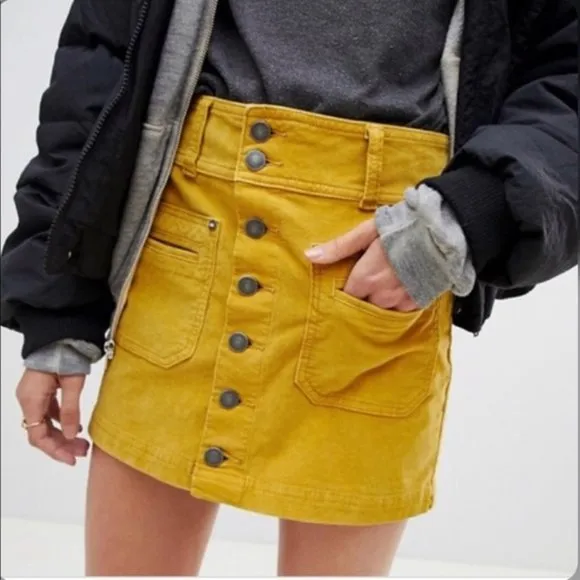 Free People Joanie Corduroy Skirt in Yellow EUC Sz 30