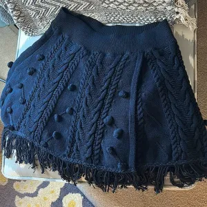 FREE PEOPLE Ladies L Cotton Knitted Black Asymmetrical Skirt Fringed Festival