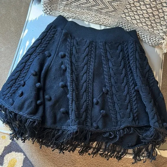 FREE PEOPLE Ladies L Cotton Knitted Black Asymmetrical Skirt Fringed Festival