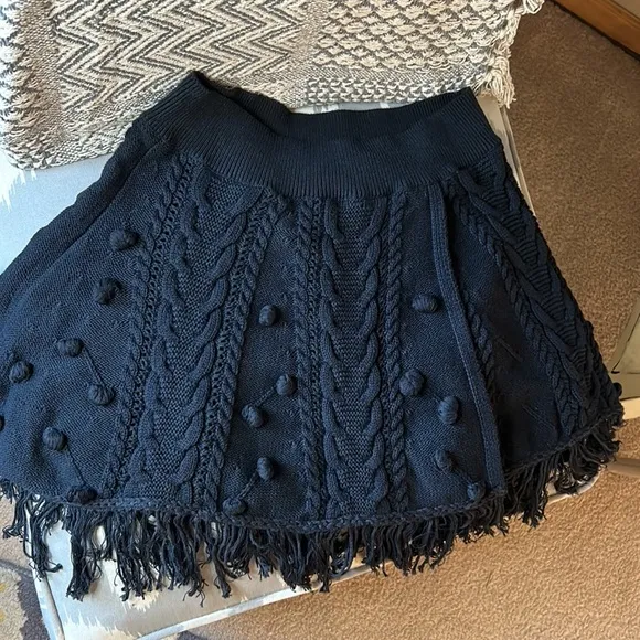 FREE PEOPLE Ladies L Cotton Knitted Black Asymmetrical Skirt Fringed Festival