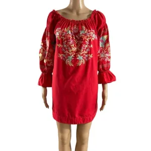 Free People Red Embroidered Off Shoulder Dress Size Large