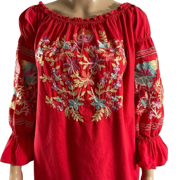 Free People Red Embroidered Off Shoulder Dress Size Large