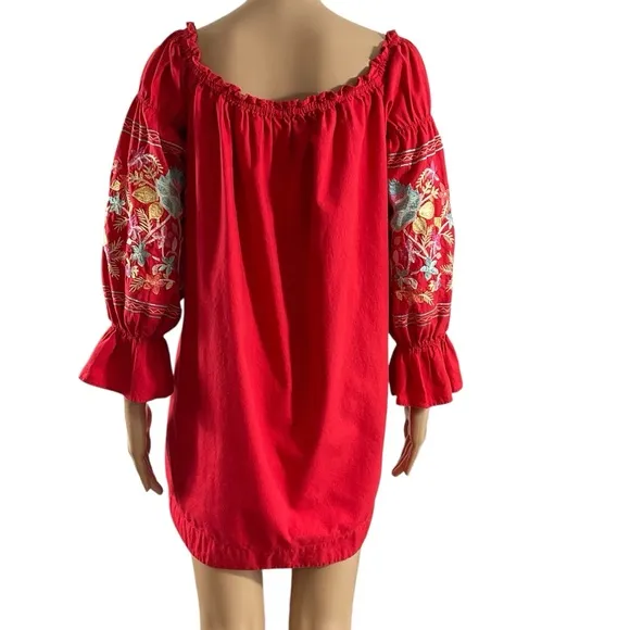 Free People Red Embroidered Off Shoulder Dress Size Large