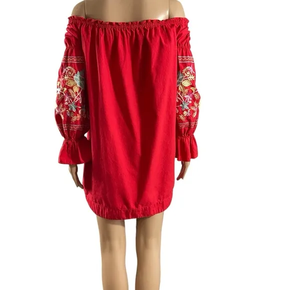 Free People Red Embroidered Off Shoulder Dress Size Large