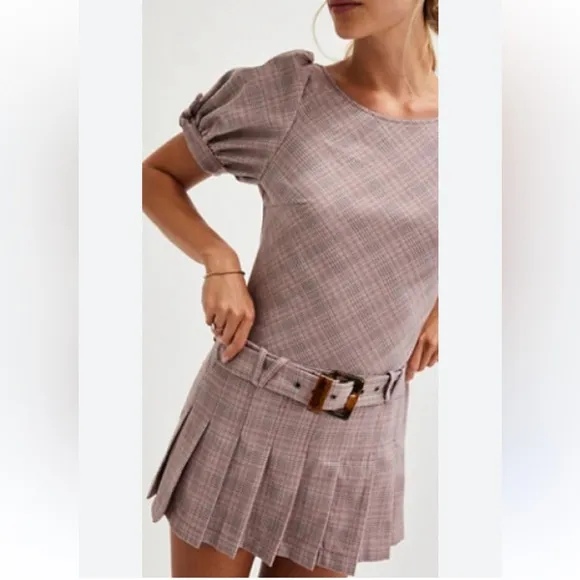Free People Sevi Plaid Mini Dress in Gray/Pink Combo Retail $168 NWOT