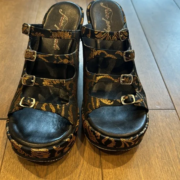 Free People Shoes Free People Huffman Buckle Wedge Heels size 37 fits a size 7.5