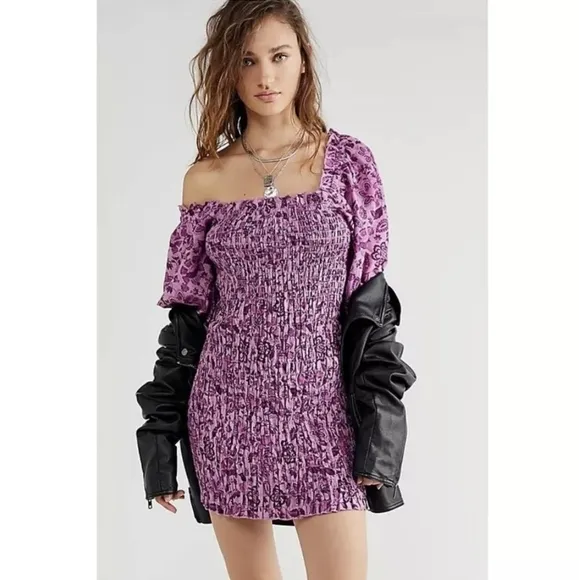 Free People Smock It To Me Mini Dress - Azalea Combo Purple Floral - Large - NWT