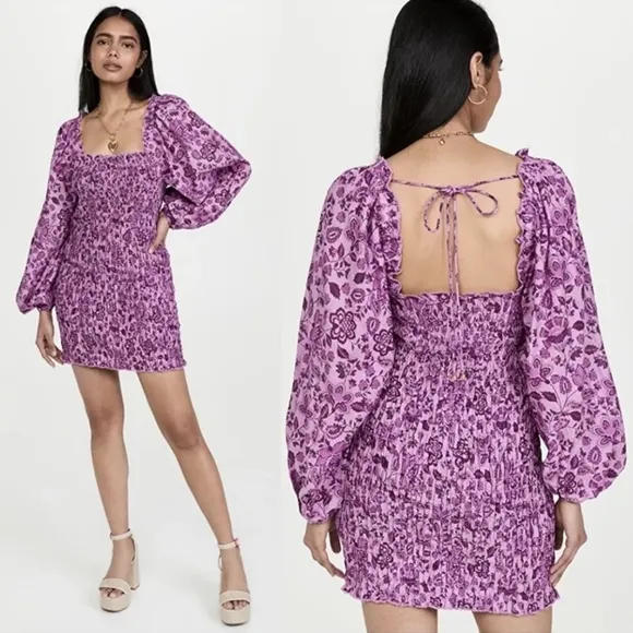 Free People Smock It To Me Mini Dress - Azalea Combo Purple Floral - Large - NWT