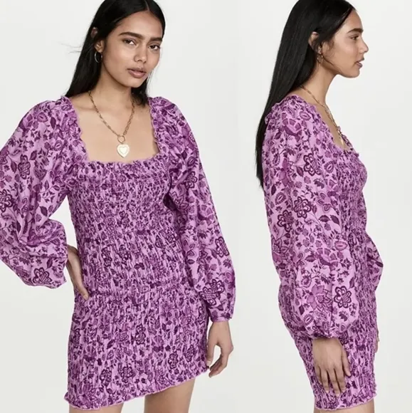 Free People Smock It To Me Mini Dress - Azalea Combo Purple Floral - Large - NWT