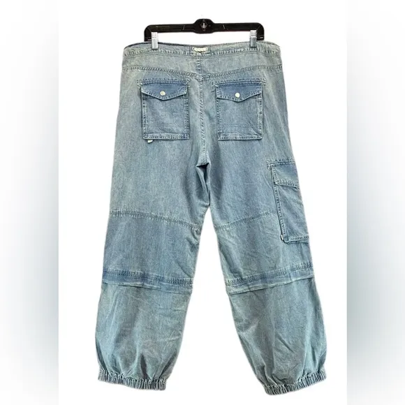 FREE PEOPLE👖 Sz L Jeans South Bay Utility Cargo Blue Tie Cinch Waist, NWOT
