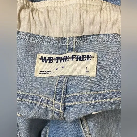 FREE PEOPLE👖 Sz L Jeans South Bay Utility Cargo Blue Tie Cinch Waist, NWOT