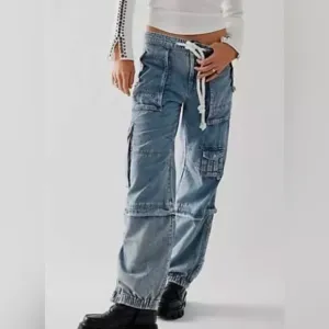 FREE PEOPLE👖 Sz L Jeans South Bay Utility Cargo Blue Tie Cinch Waist, NWOT