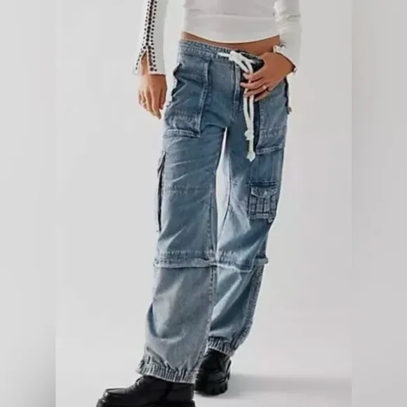 FREE PEOPLE👖 Sz L Jeans South Bay Utility Cargo Blue Tie Cinch Waist, NWOT