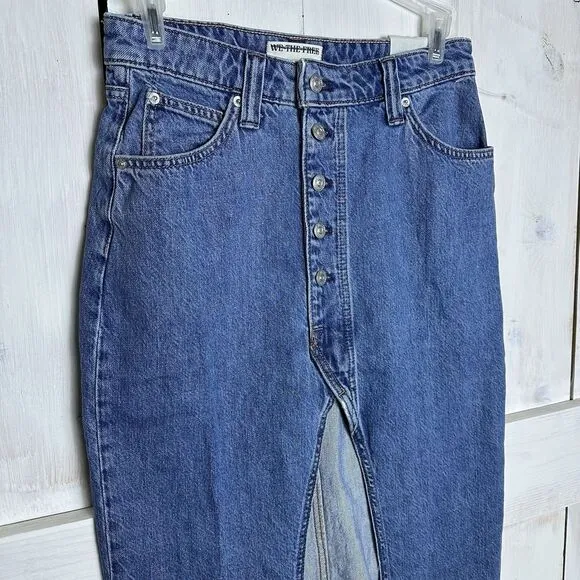 Free‎ People We The Free Chani Denim Maxi Skirt Buttons Front Slit NWT Size 27