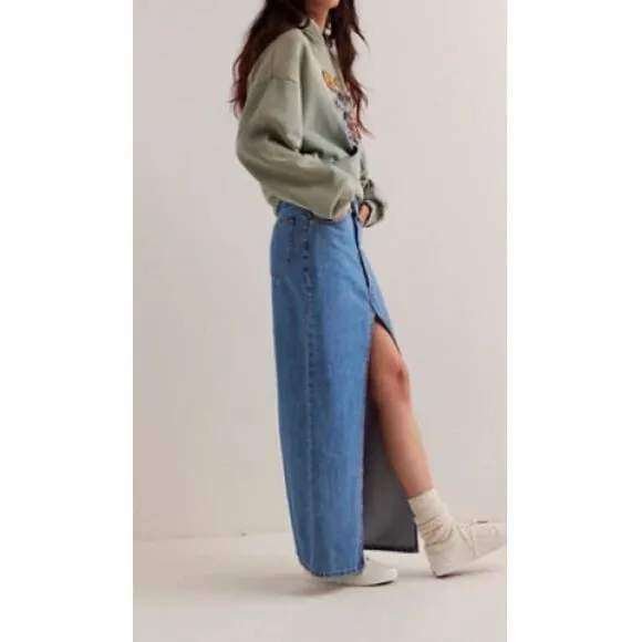 Free‎ People We The Free Chani Denim Maxi Skirt Buttons Front Slit NWT Size 27