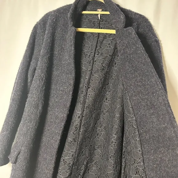 Free People Womens Wool Eyelet Lined Oversized Basic‎ Coat - Blue