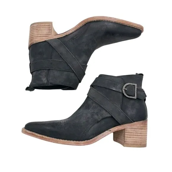 FREE POEPLE Back Loop Ankle Leather Boots Washed Black Distressed Size 36 - US 6