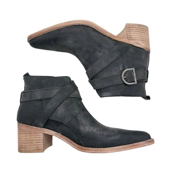 FREE POEPLE Back Loop Ankle Leather Boots Washed Black Distressed Size 36 - US 6