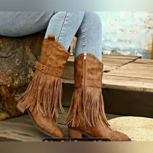 Fringed Brown Faux Leather Boots