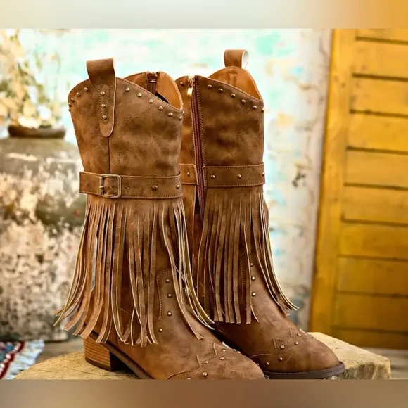Fringed Brown Faux Leather Boots