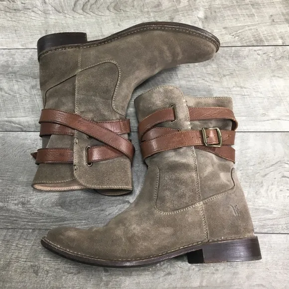 FRYE #77735 Shirley Womens Brown Suede Short Strappy Riding Bootie Boots Size 8