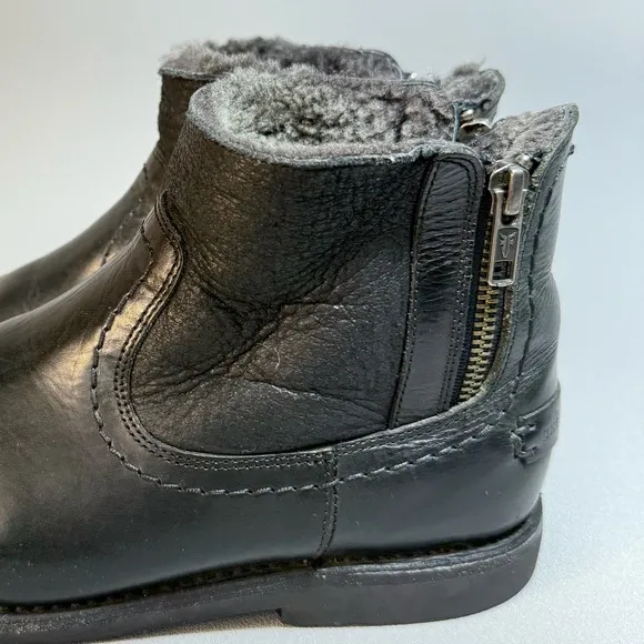 Frye Black Leather Double Zip Shearling Lined Short Ankle Boots 7B