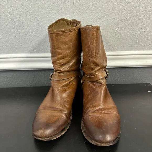 Frye Brown Leather Moto Harness Strap Short Boots Womens Size 10 #77106