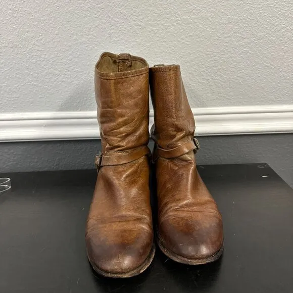 Frye Brown Leather Moto Harness Strap Short Boots Womens Size 10 #77106