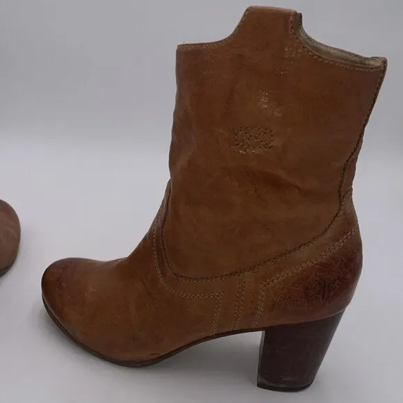 Frye Carson Mid Heel Short Women's Size 8.5 M Brownn Leather Pull On Ankle Boots