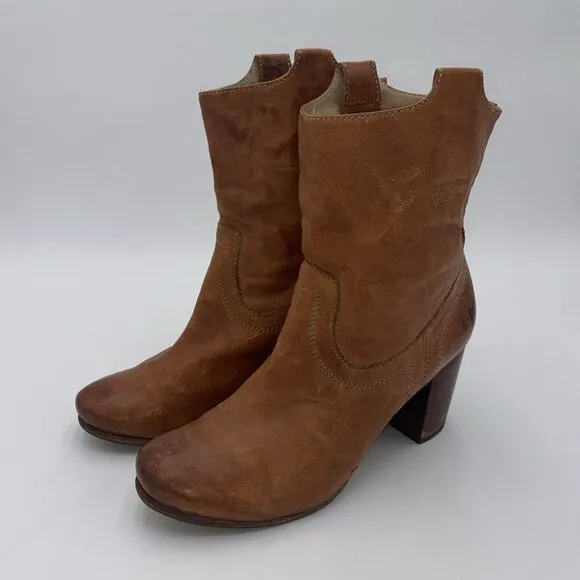 Frye Carson Mid Heel Short Women's Size 8.5 M Brownn Leather Pull On Ankle Boots