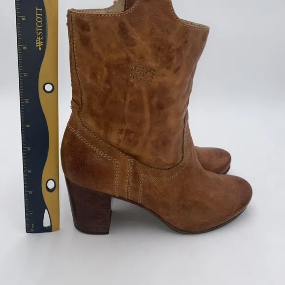 Frye Carson Mid Heel Short Women's Size 8.5 M Brownn Leather Pull On Ankle Boots