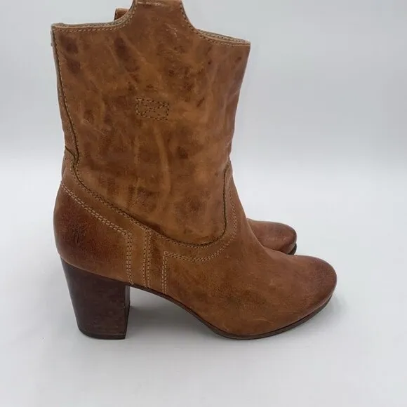 Frye Carson Mid Heel Short Women's Size 8.5 M Brownn Leather Pull On Ankle Boots