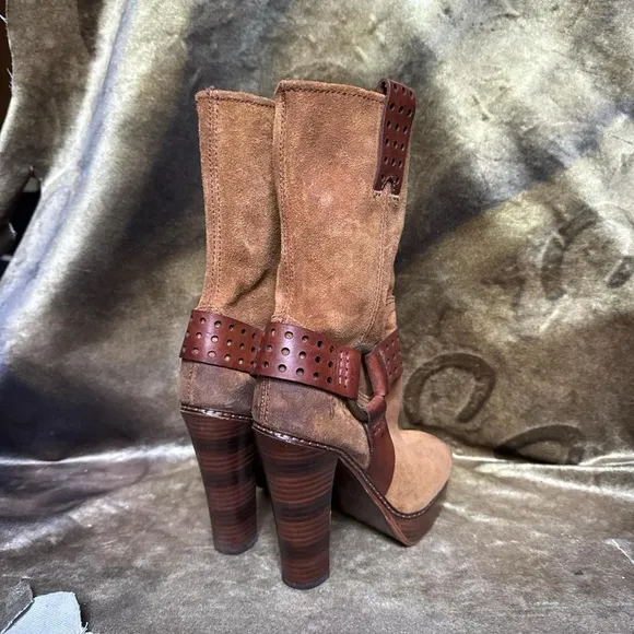 Frye harmony short boho western tan brown suede platform harness boots size 7.5