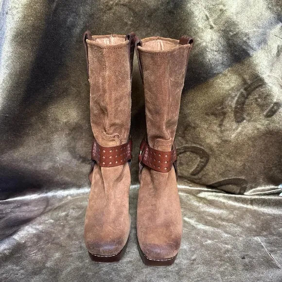 Frye harmony short boho western tan brown suede platform harness boots size 7.5