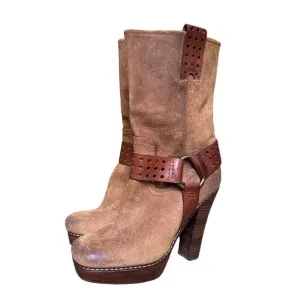 Frye harmony short boho western tan brown suede platform harness boots size 7.5