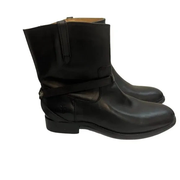 Frye Lindsay Plate Black Leather Short Ankle Harness Boots Size 5.5