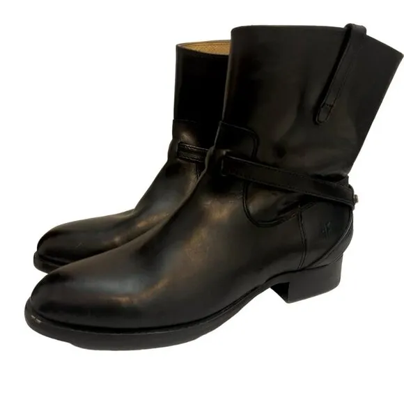 Frye Lindsay Plate Black Leather Short Ankle Harness Boots Size 5.5