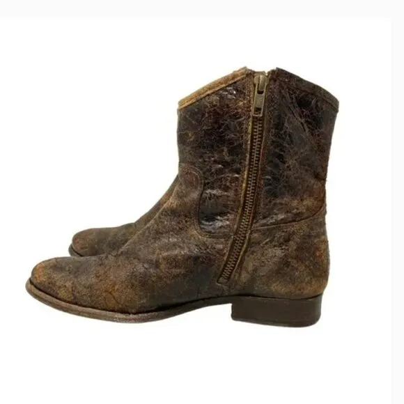 Frye Melissa Button Distressed Leather Glazed Short Zipper Boots - Size 7.5