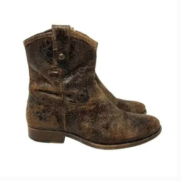 Frye Melissa Button Distressed Leather Glazed Short Zipper Boots - Size 7.5