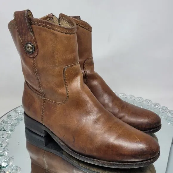 Frye Melissa Button Short Boots Cognac Brown Leather Womens 8.5 B Zip Booties