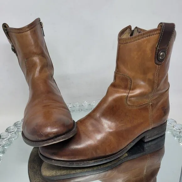 Frye Melissa Button Short Boots Cognac Brown Leather Womens 8.5 B Zip Booties